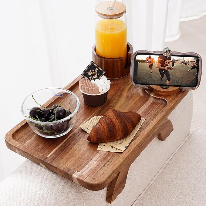 Nnewvante Couch Cup Holder Tray, 3 in 1 Large 15.36"x9.85" Acacia Wood Sofa Arm Clip on Tray Tabl... | Amazon (US)