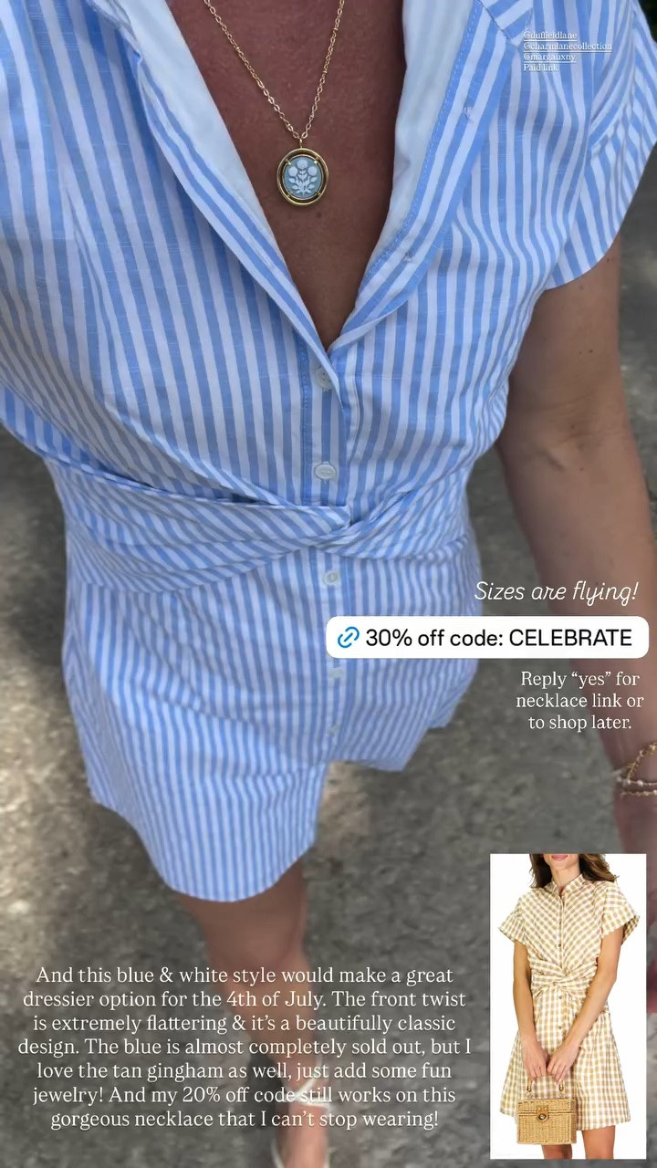 30% off dress code; CELEBRATE

20% off necklace: MEG20

Sizes are flying! This blue & white dress would make a great dressier option for the 4th of July. The front twist is extremely flattering & it’s a beautifully classic design. The blue is almost completely sold out, but I love the tan gingham as well, just add some fun jewelry!

Duffield lane, classic style, preppy, Americana, summer dress, stripes

#LTKootd #LTKSeasonal #LTKSaleAlert
