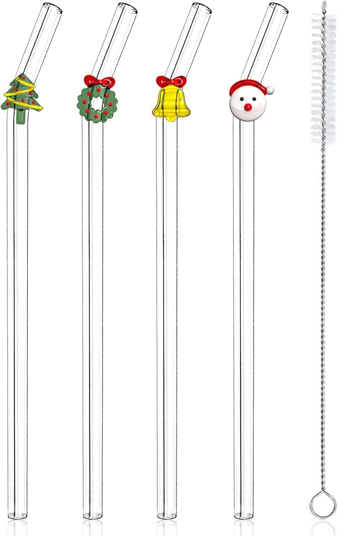 4 Pcs Christmas Reusable Glass Straws with Cleaning Brush, Cute Colorful Christmas Glass Straws S... | Amazon (US)