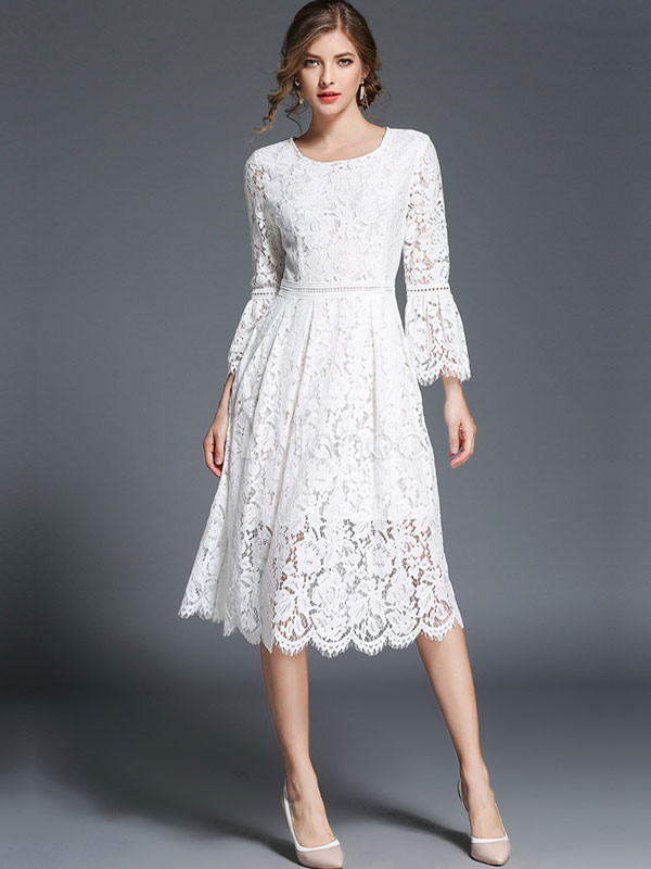 White Lace Dress Bell Sleeve Round Neck Women Spring Midi Dress | Milanoo
