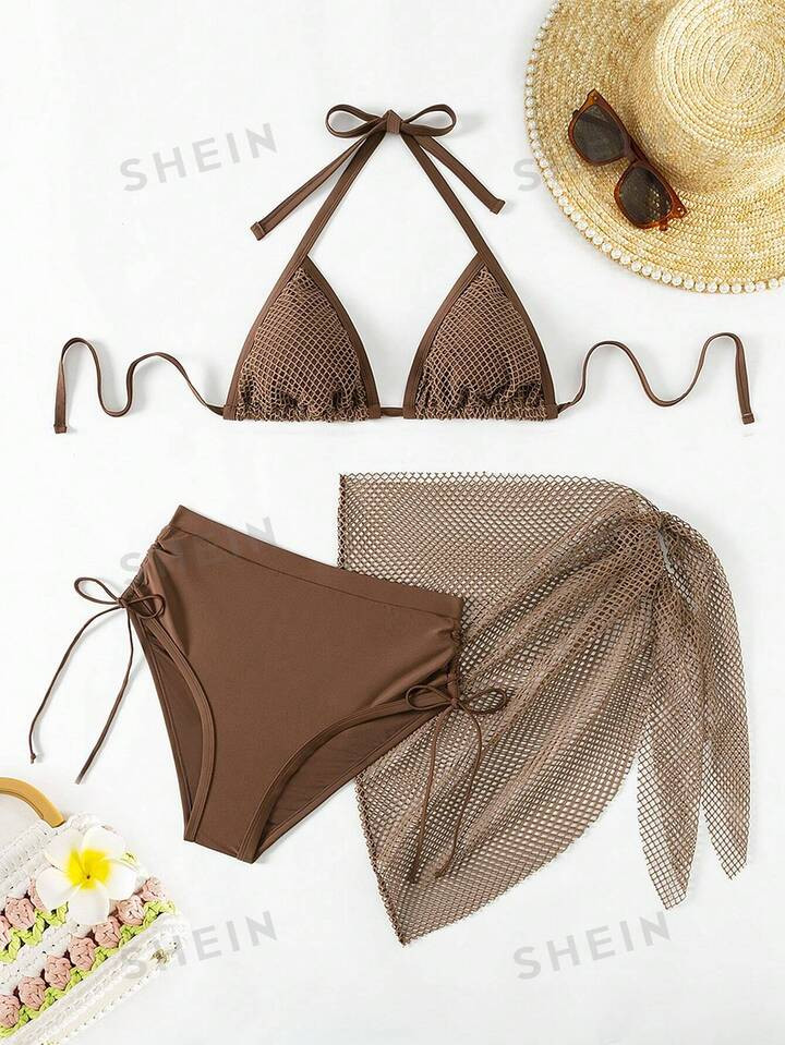 SHEIN Swim Curve Summer Beach Plus Size Back-Tied Solid Color Bra & Bikini Bottom & Cover Up Skir... | SHEIN