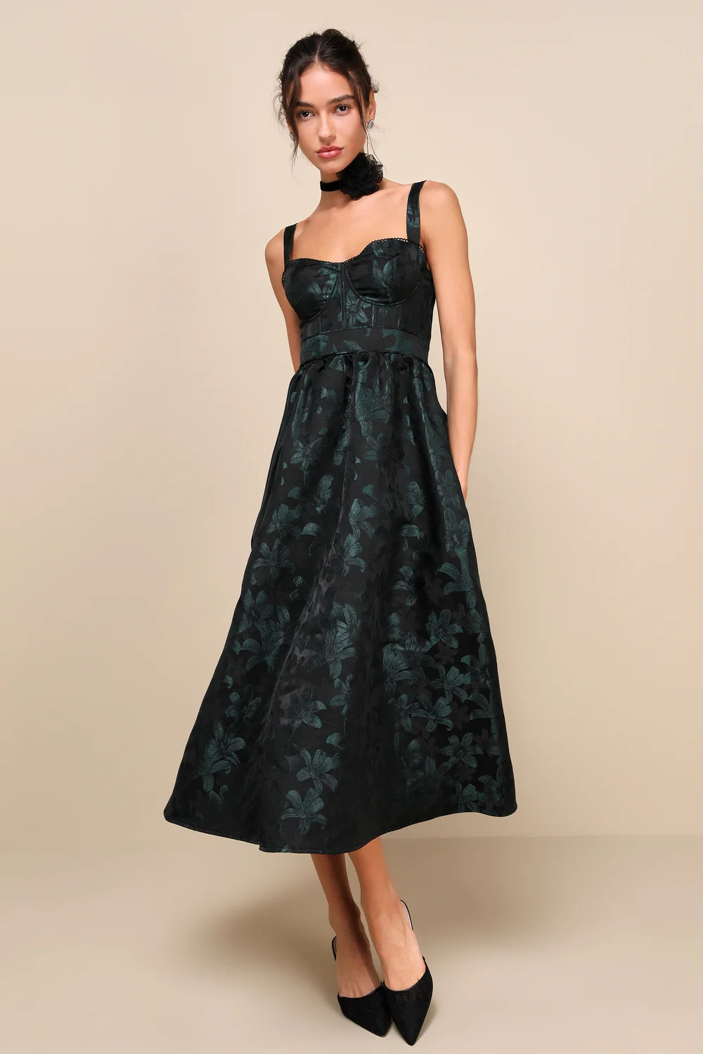 Dramatically Romantic Black Floral Jacquard Bustier Midi Dress | Lulus (US)
