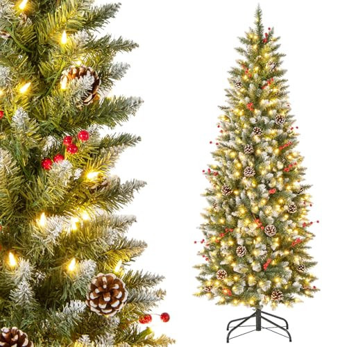 Happygrill 6ft Pre-lit Artificial Christmas Tree Slim Artificial Xmas Tree with 300 LED Lights & 618 Branch Tips Berries and Pine Cones Included, Decoration Tree for Festival Holiday | Amazon (US)