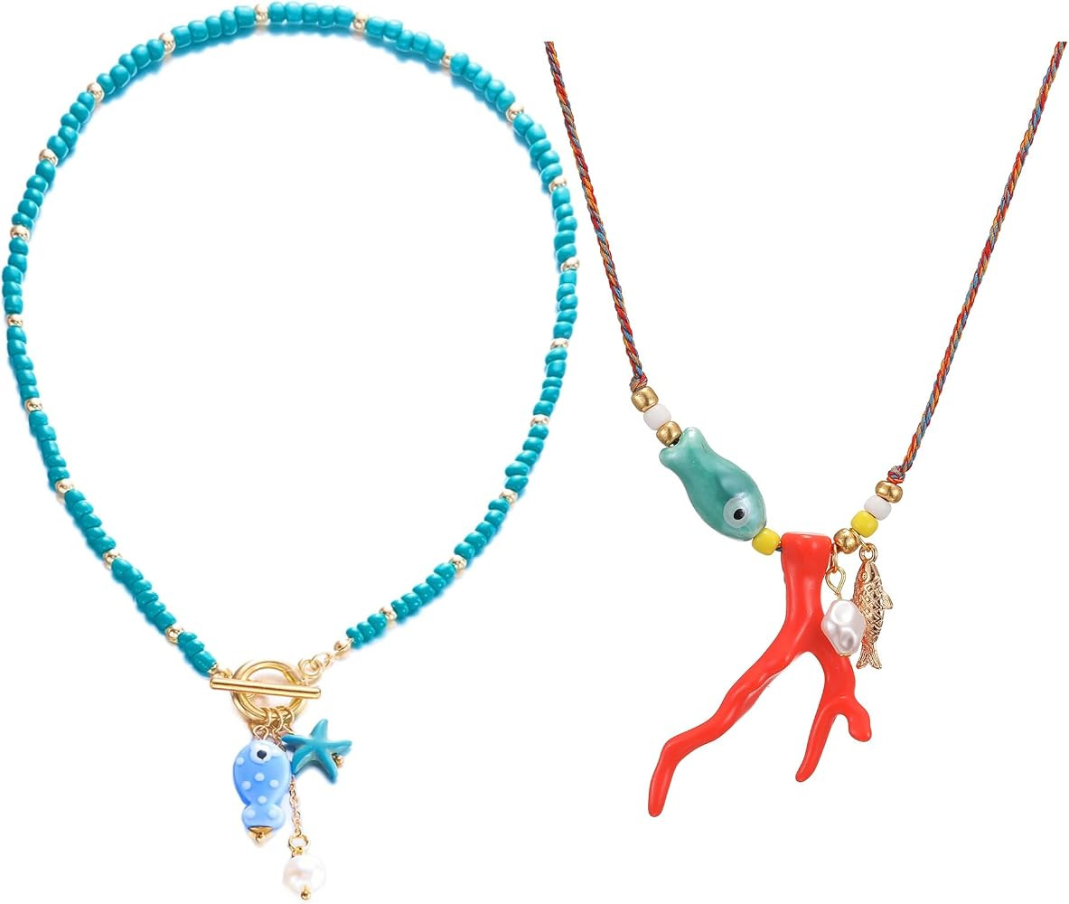 KURTCB Coral Fish Necklace Boho Beachy Hawaiian Coastal Jewelry for Women Men Colorful Summer Bea... | Amazon (US)