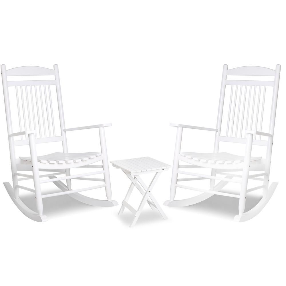 VEIKOUS White 3-Piece Wooden Patio Outdoor Rocking Chair Set | The Home Depot