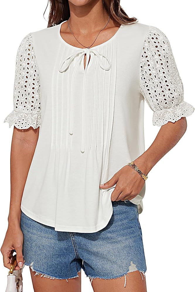 GRACE KARIN Womens Summer Top Casual Crewneck Short Puff Sleeve Crochet Lace Embroidered Blouses ... | Amazon (US)