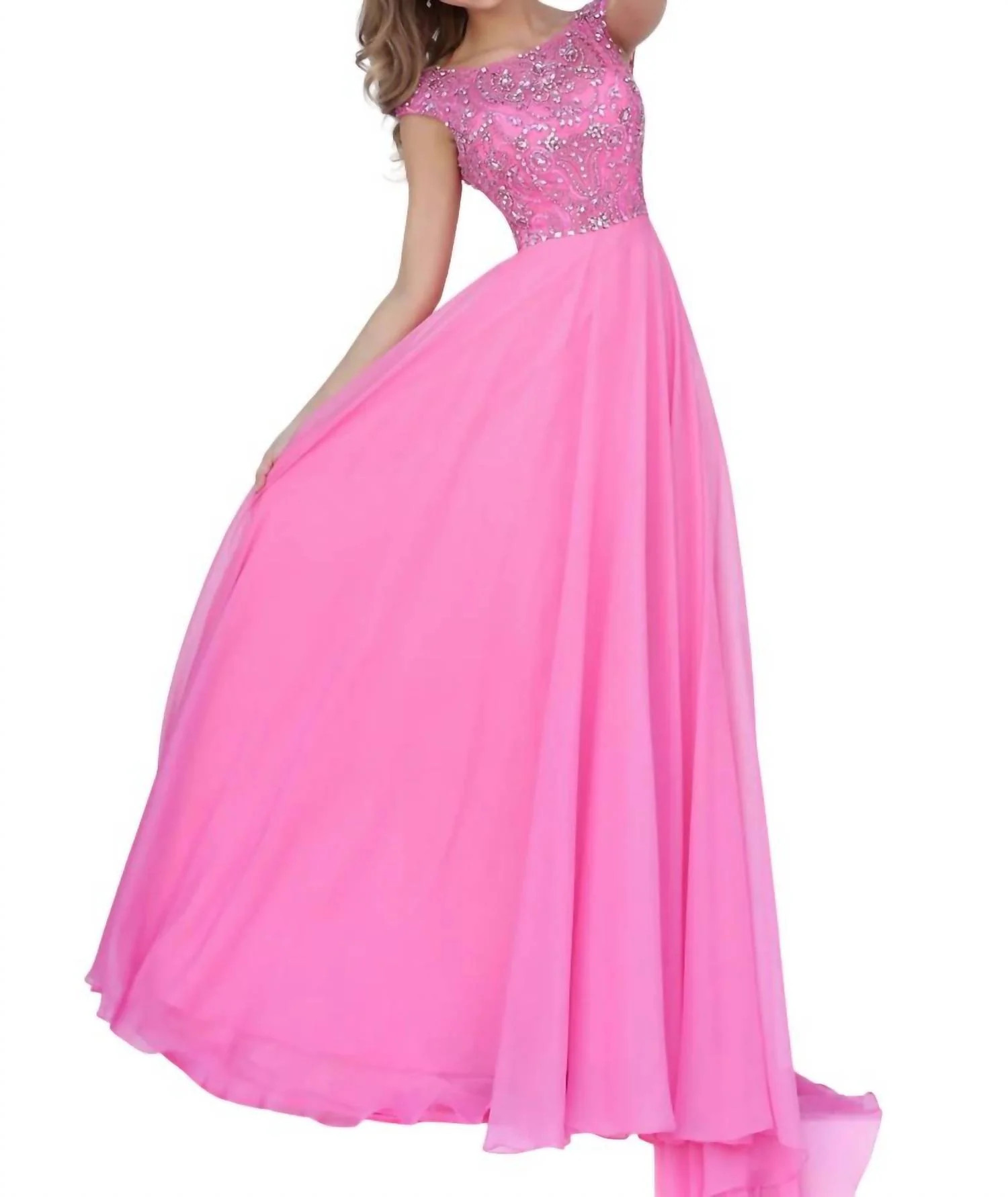 Beaded Chiffon Prom Dress In Pink | Shop Simon