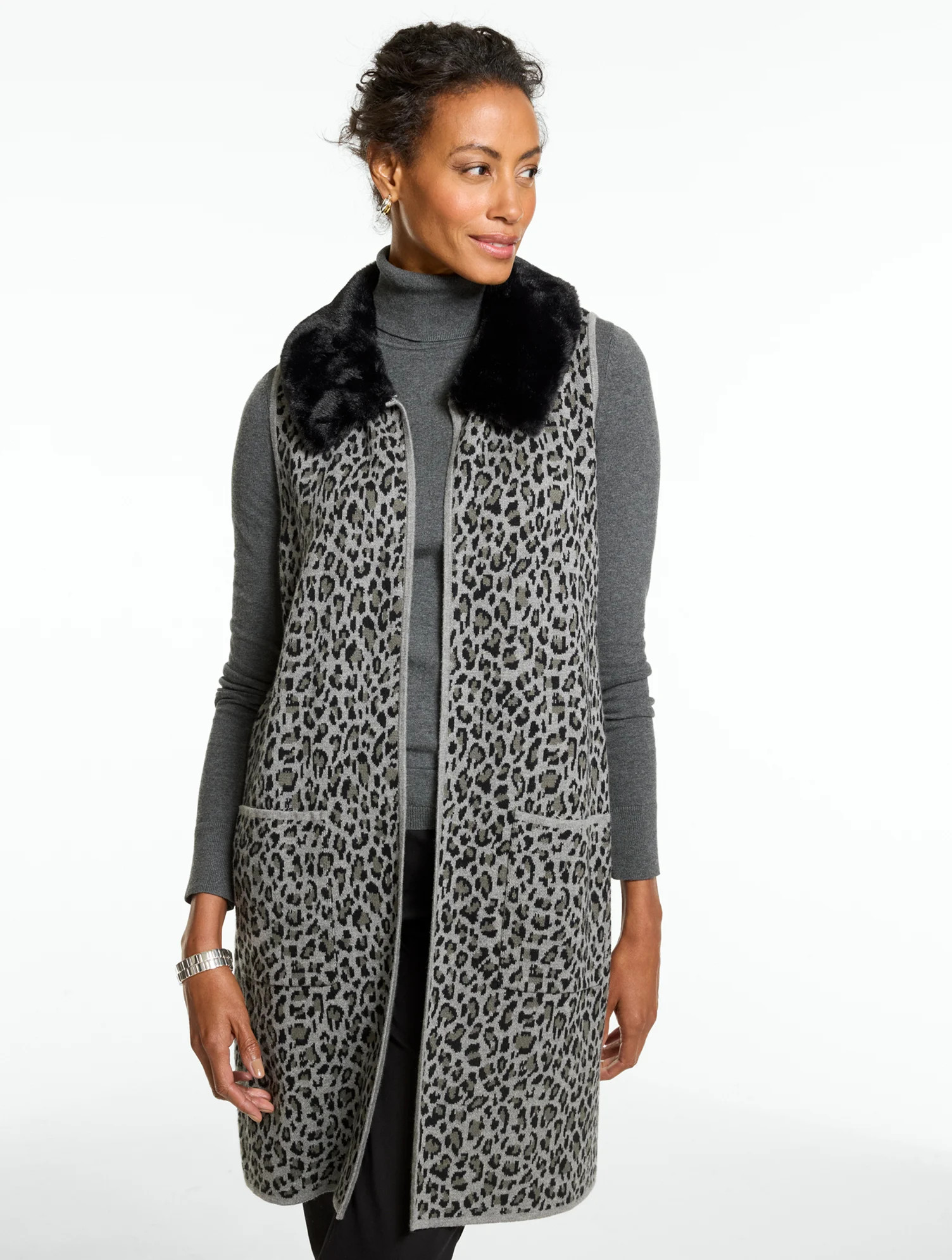 Leopard Knit Faux Fur Vest - Grey - Small Talbots | Talbots