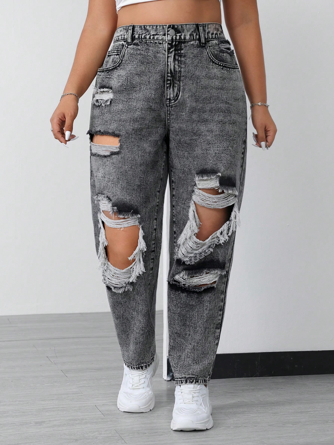 SHEIN VCAY Plus Size Women's Mom Fit Jeans With Distressed Holes | SHEIN USA | SHEIN