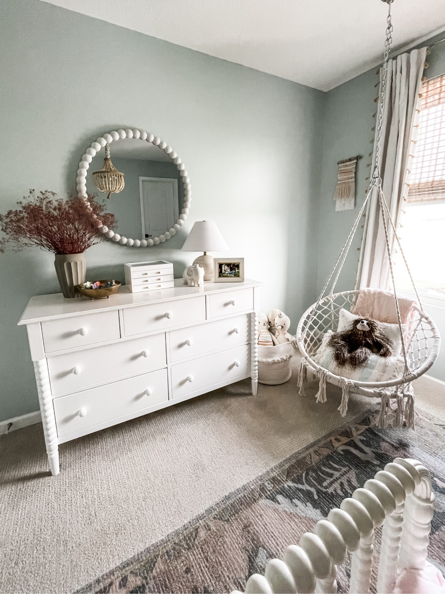 A dresser decor update in my little girl's room. Love the bit of color these dried florals from @afloral add to the room. 
Dresser, bedroom decor, spring decor, nursery, kids room, mirror, jewelry box, vase, florals, stems, lamp, Target finds, McGee & co, studio McGee, pottery barn 