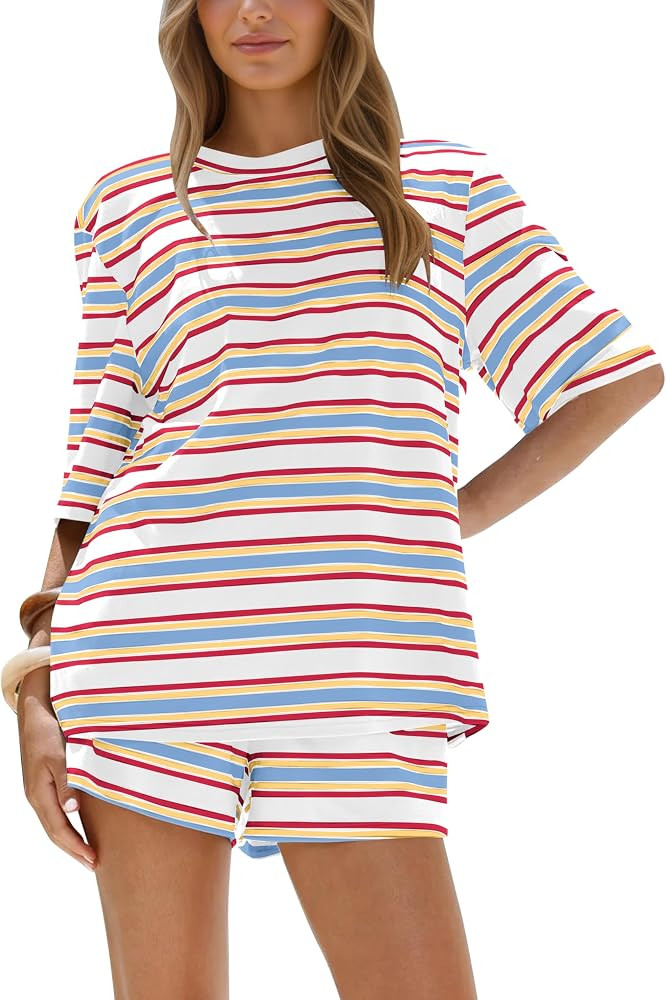 Burtell Summer Striped 2 Piece Short Sets For Women Casual Oversized T Shirts Wide Leg Shorts Mat... | Amazon (US)