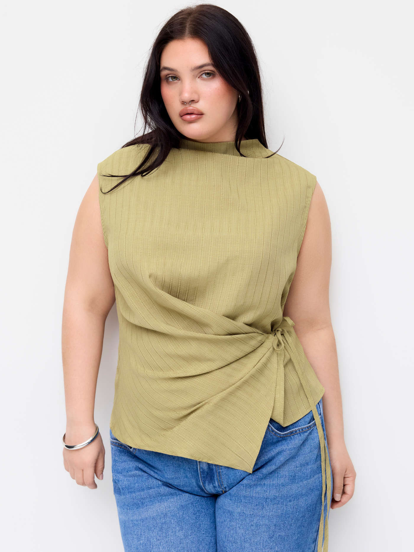 Woven Stand Collar Ruched Knotted Tank Top Curve & Plus For Daily Casual Work | Cider