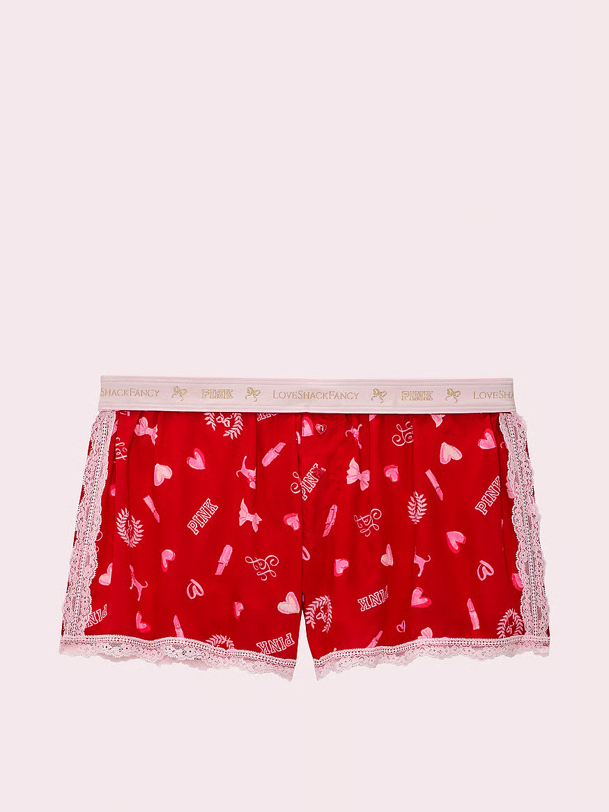Buy PINK x LoveShackFancy Silky Boxy Pajama Shorts, Lipstick Bisous - Order Pajama Bottoms online... | Victoria's Secret (US / CA )