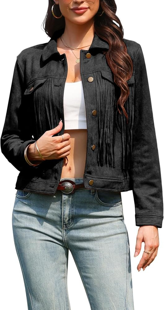 Allegra K Women Faux Suede Fringe Cowgirl Style Long Sleeve Jacket | Amazon (US)
