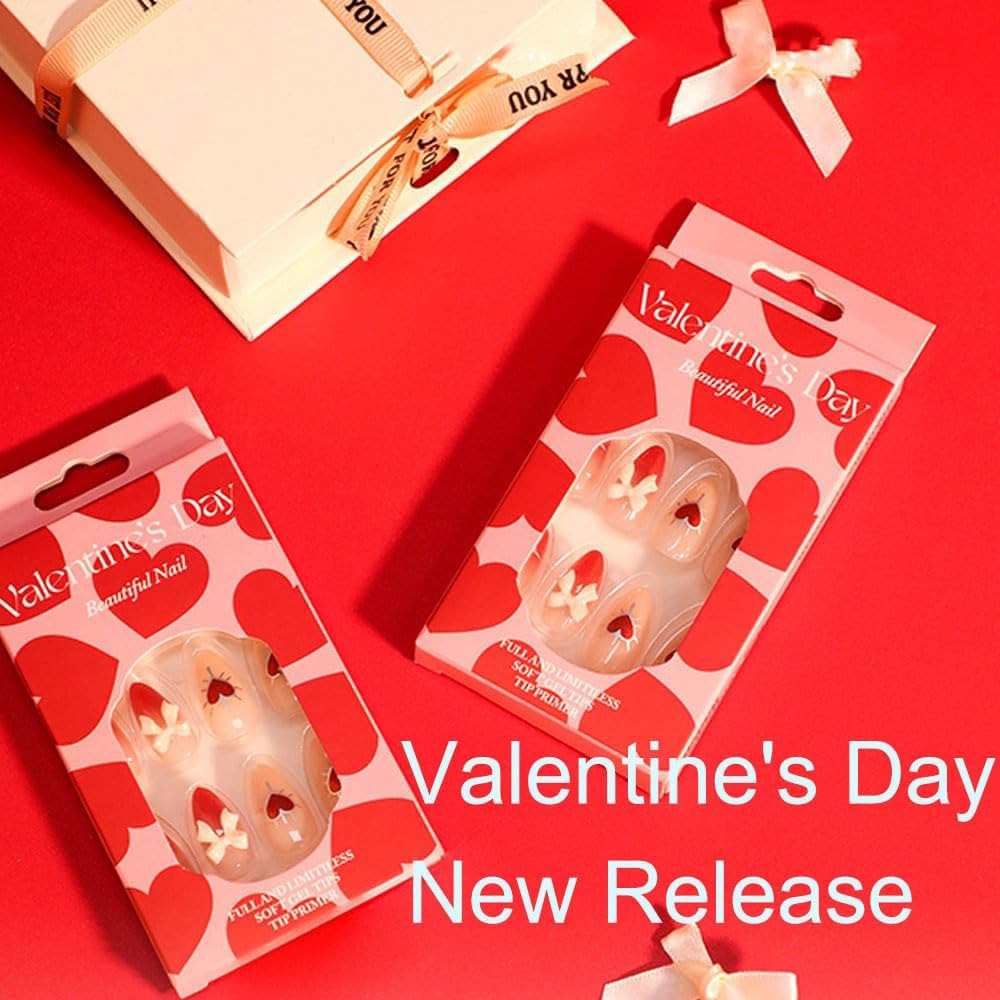 Valentine’s Day Press on Nails Heart Short Medium Almond Acrylic Cute Fake Nails with 3D Bow Ch... | Amazon (US)