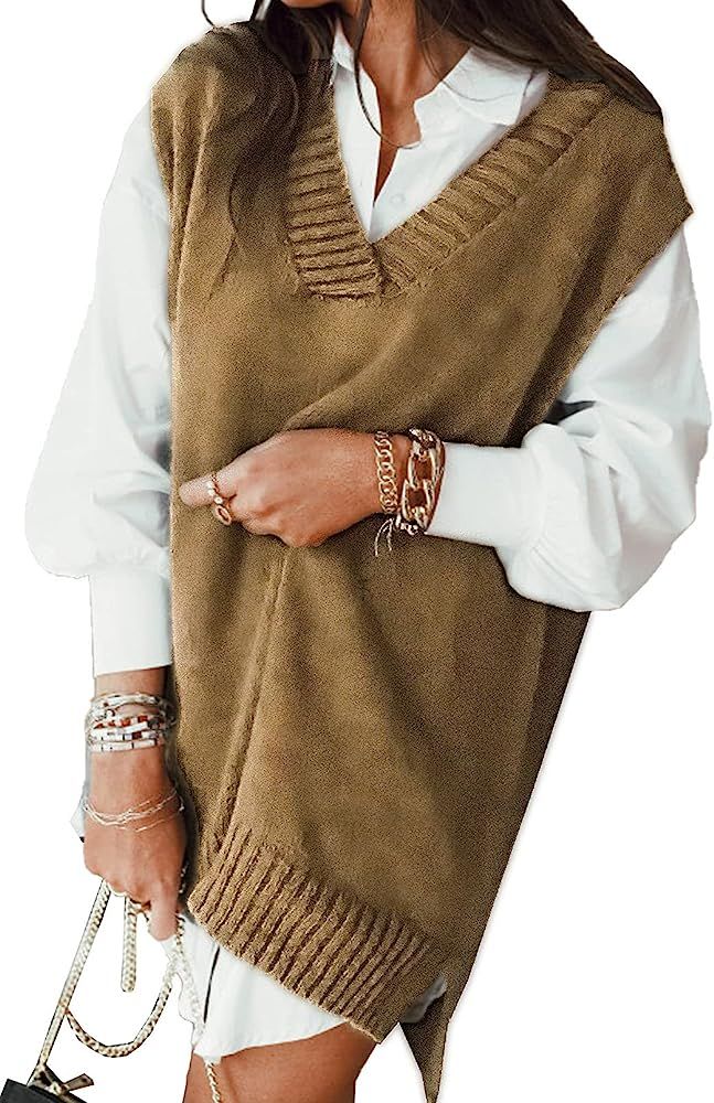 Dokotoo Sweater Vest Women Knitted V Neck Oversized Sweaters Sleeveless Knitwear Tank Tops | Amazon (US)