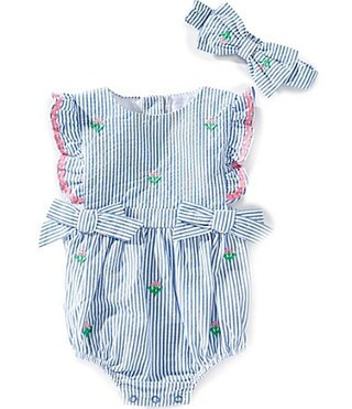 Adventurewear 360 Baby Girls Flutter Sleeve Ric-Rac Trim Seersucker Embroidered Flowers Bow Detail Bubble Romper - Newborn | Dillard's