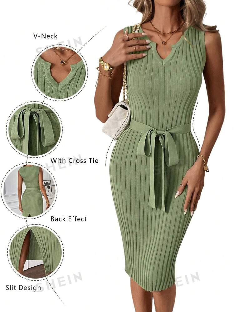 SHEIN Privé Asymmetric Neck Tie Fitted Women's Sweater Dress | SHEIN USA | SHEIN