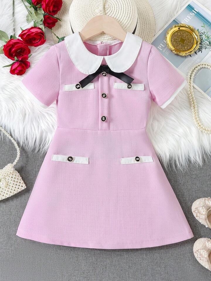 SHEIN Young Girl Lovely Peter Pan Collar Dress With Button And Bow Tie Decor, Zipper Closure, A-L... | SHEIN