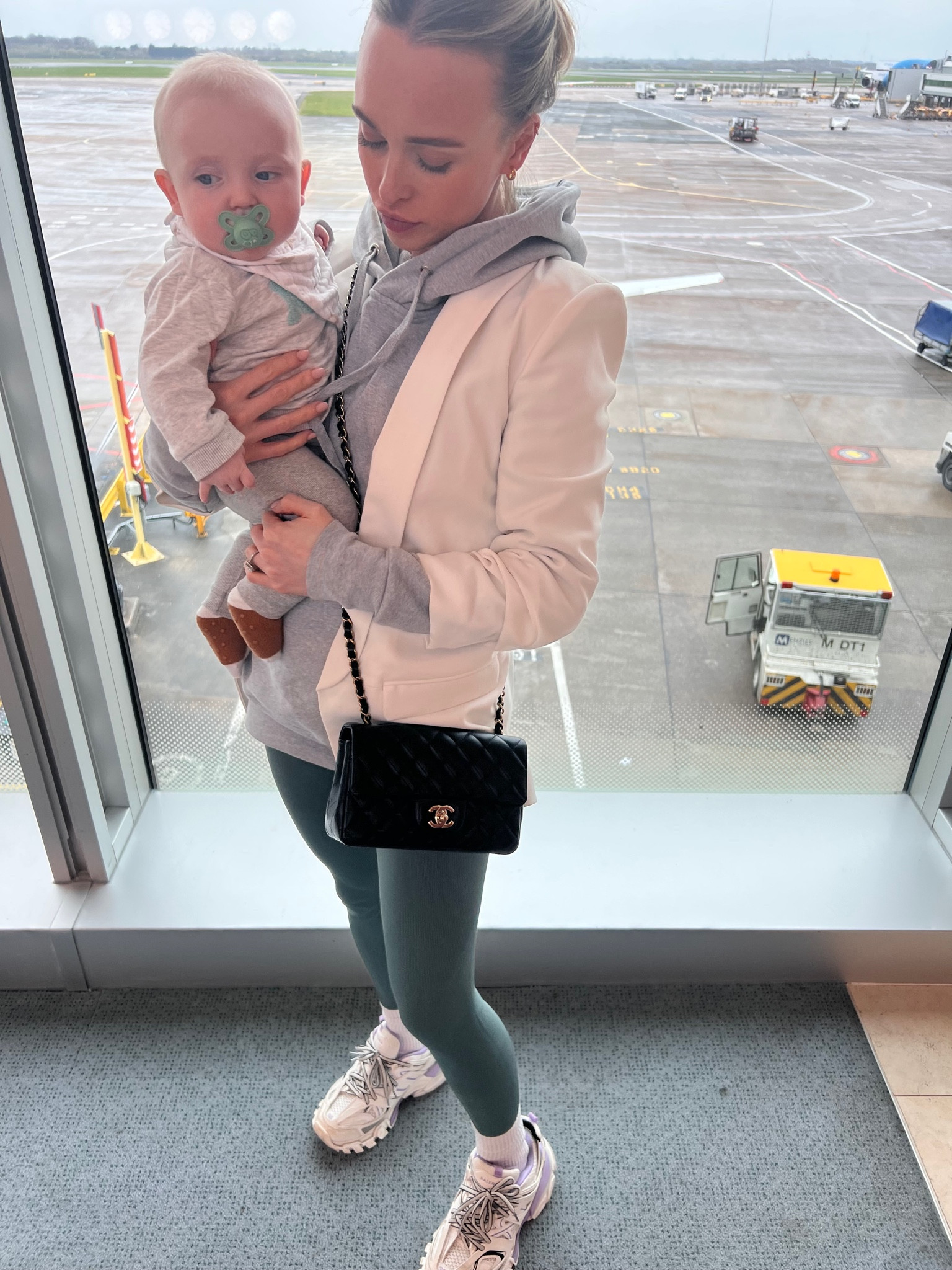 Airport outfit, casual style, white blazer, Chanel handbag, Balenciaga trainers, baby wear, grey baby leggings, grey baby top 

Leggings are available at Transpire.clo 

#LTKSeasonal #LTKbaby #LTKstyletip