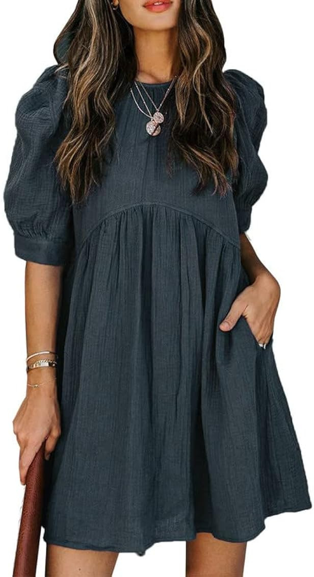 Dokotoo Womens Ladies Summer Sun Dress Spring Tunic Dress Round Neck Lantern Solid Color Short Sleeve High Waist Pocketed Mini Short Shift Dress for Party Gray Medium | Amazon (US)