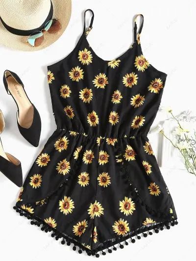 Pompom Sunflower Cami Cute Romper | ZAFUL (Global)