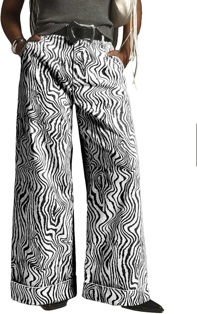 Women's Zebra Printed Wide Leg Pants Double Hem High-Rise Cuffed Baggy Jeans | Amazon (US)