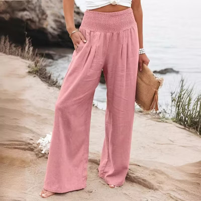 Coolmee Women's High Waisted Cotton Linen Palazzo Pants Wide Leg Long Lounge Pant Trousers with Pocket Pink M | Target