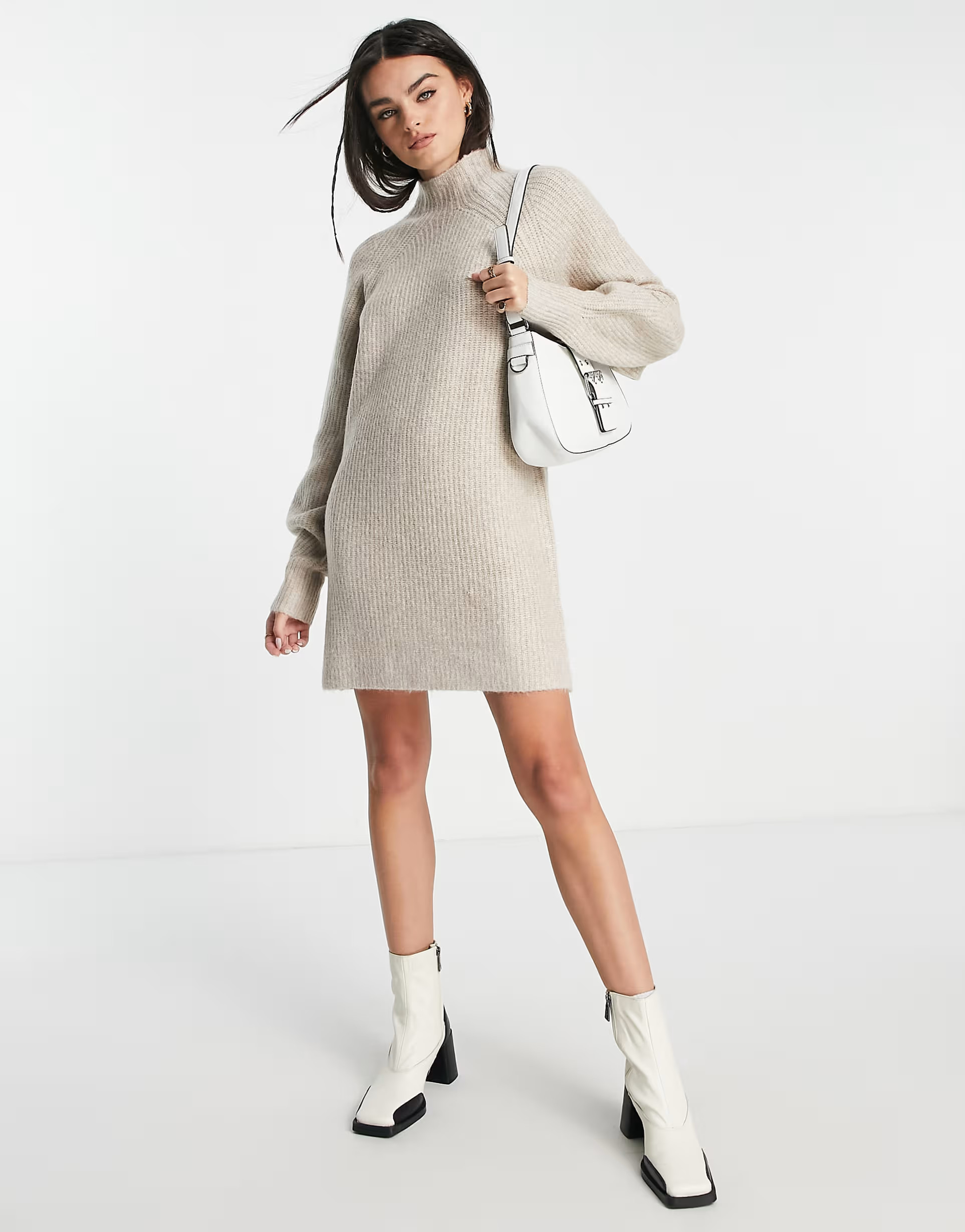 NA-KD oversized knitted polo mini dress in beige | ASOS (Global)