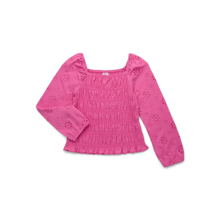 Wonder Nation Girls Smocked Eyelet Top with Long Sleeves, Sizes 4-18 & Plus | Walmart (US)