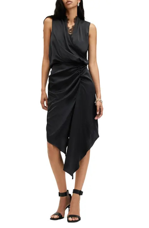 AllSaints Abi Lace Trim Gathered Asymmetric Dress in Black at Nordstrom, Size 0 Us | Nordstrom