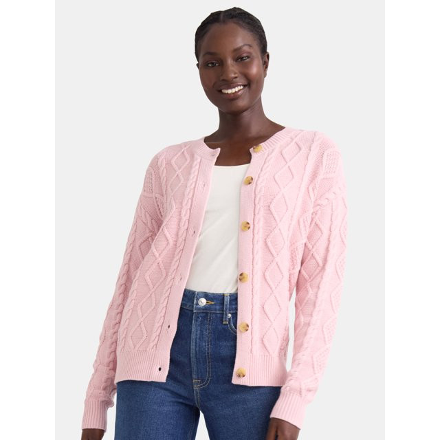 Time and Tru Women's Cable Knit Cardigan Sweater, Midweight, Sizes XS-XXXL | Walmart (US)