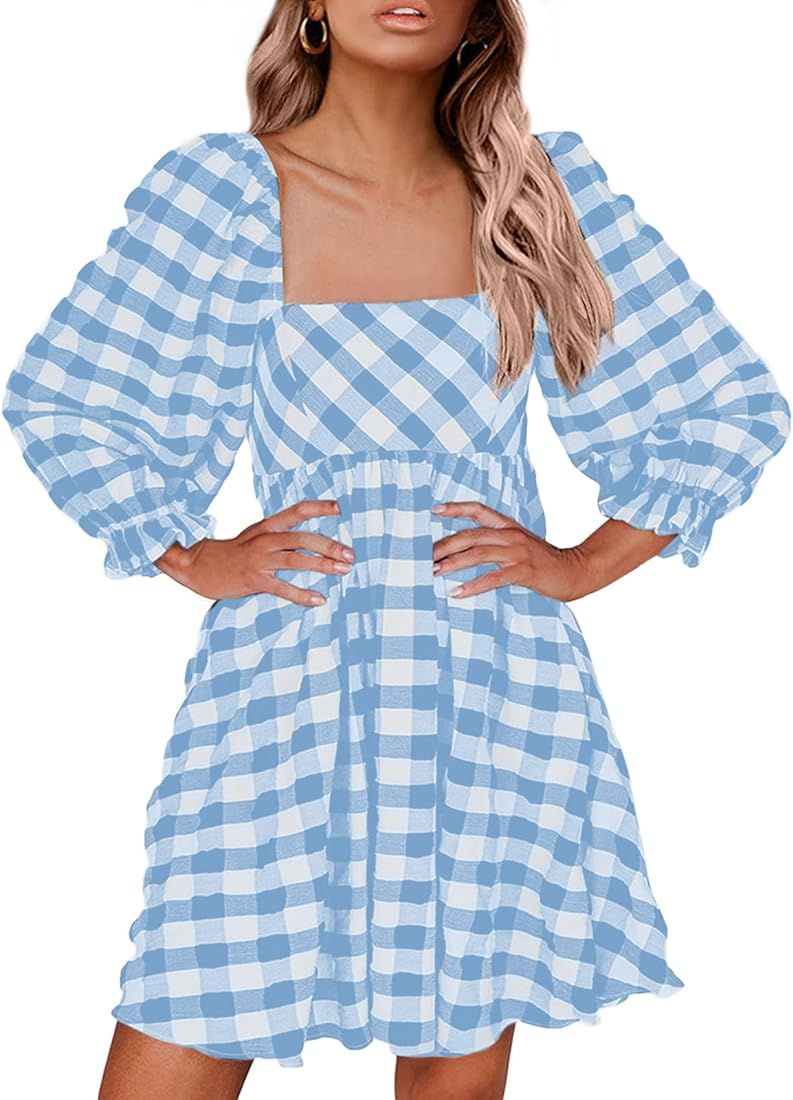 Womens Casual Square Neck 3/4 Puff Sleeve Gingham Plaid Babydoll Dress Plaid Loose Summer Mini Dress | Amazon (US)