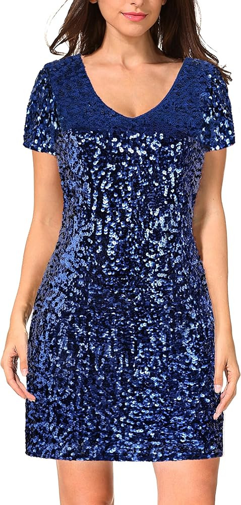 MANER Women's Sequin Glitter Short Sleeve Dress Sexy V Neck Mini Party Club Bodycon Dresses | Amazon (US)