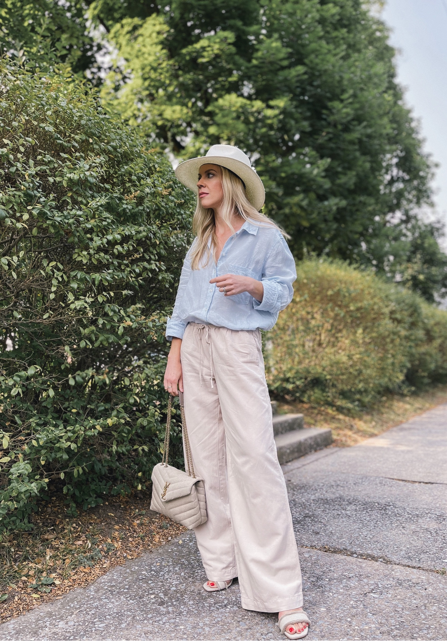 Wide leg linen pants, blue linen shirt, white straw hat, classic summer outfit, business casual 

#LTKSeasonal #LTKunder50 #LTKstyletip