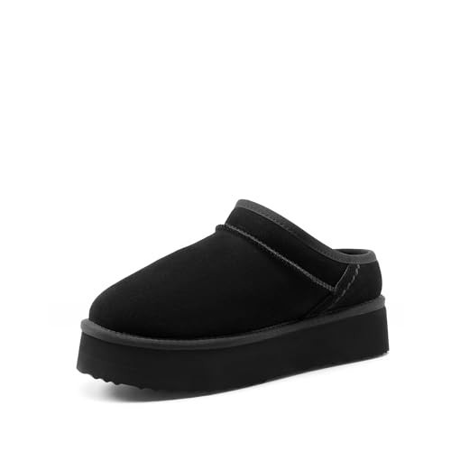 DREAM PAIRS Women's Slippers Platform Genuine Suede Slip-On Memory Foam Cozy Fluffy Warm Comfy Furry House Shoes for Outdoor Indoor,Size 11,Black,DWUMSL2502 | Amazon (US)