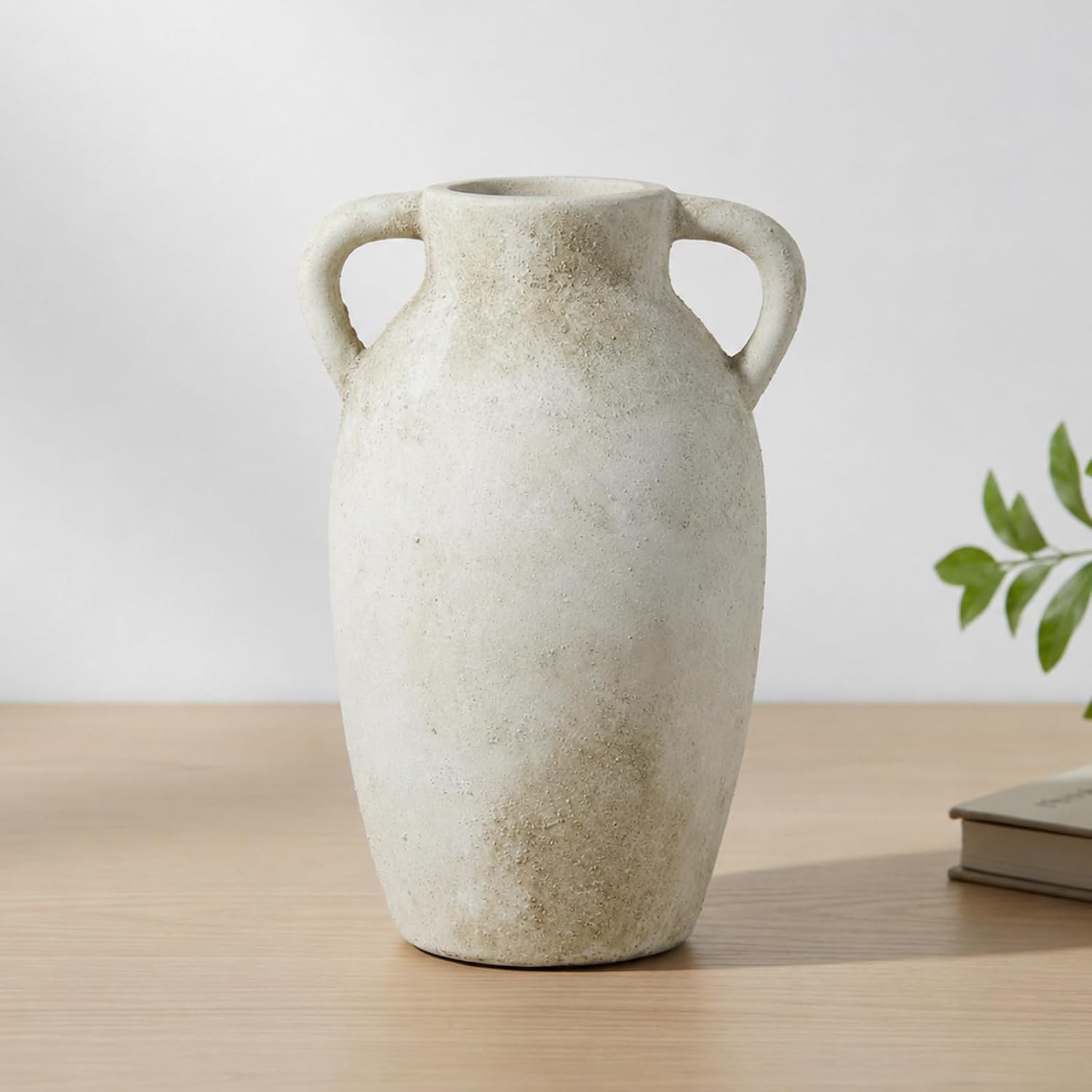 Ceramic Flower Vase Home Decor – 9.8 Inch Pottery Rustic Farmhouse Decorative Vase with Handles for Table Centerpiece, Shelf & Mantel, Beige | Amazon (US)