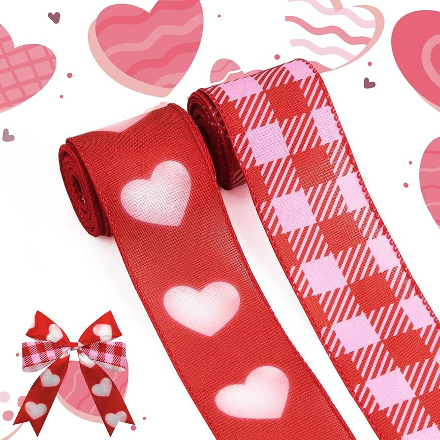 2 Rolls Valentine's Day Fabric Ribbons Pink Plaids Burlap Hearts Linen Ribbons Valentines Edge Wi... | Amazon (US)
