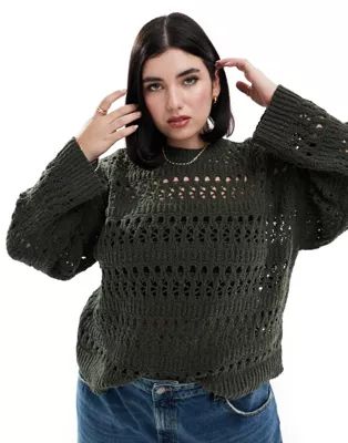 ASOS DESIGN Curve sweater with open stitch in textured yarn in khaki | ASOS (Global)