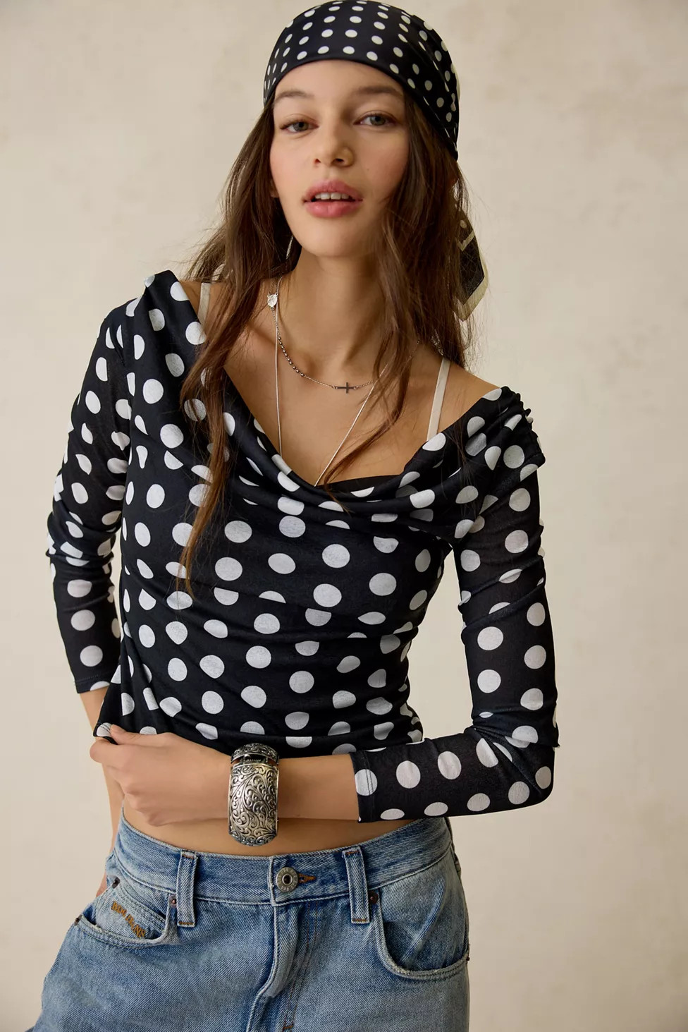 UO Fia Mesh Long Sleeve Off-The-Shoulder Crop Top | Urban Outfitters (US and RoW)