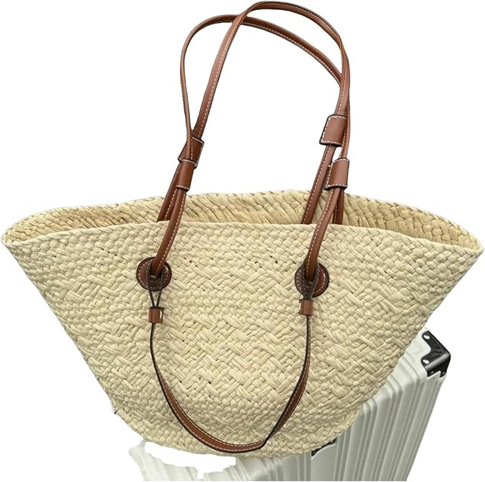 Leather-Trimmed Woven Tote, Straw Bag - Large Capacity Hand-Woven Beach Tote for Women | Amazon (US)