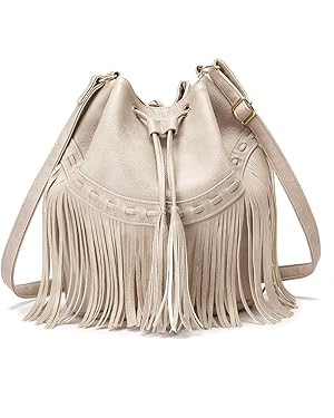 Leather Bucket Bags for Women Crossbody Fringe Purses with Drawstring Ladies Tassel Hobo and Shou... | Amazon (US)