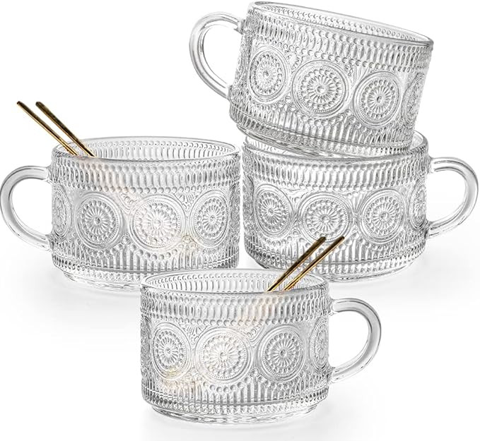 Vintage Glass Coffee Mugs Set of 4, 14 Ounces Embossed Glass Coffee Cups Stackable Coffee Mugs fo... | Amazon (US)