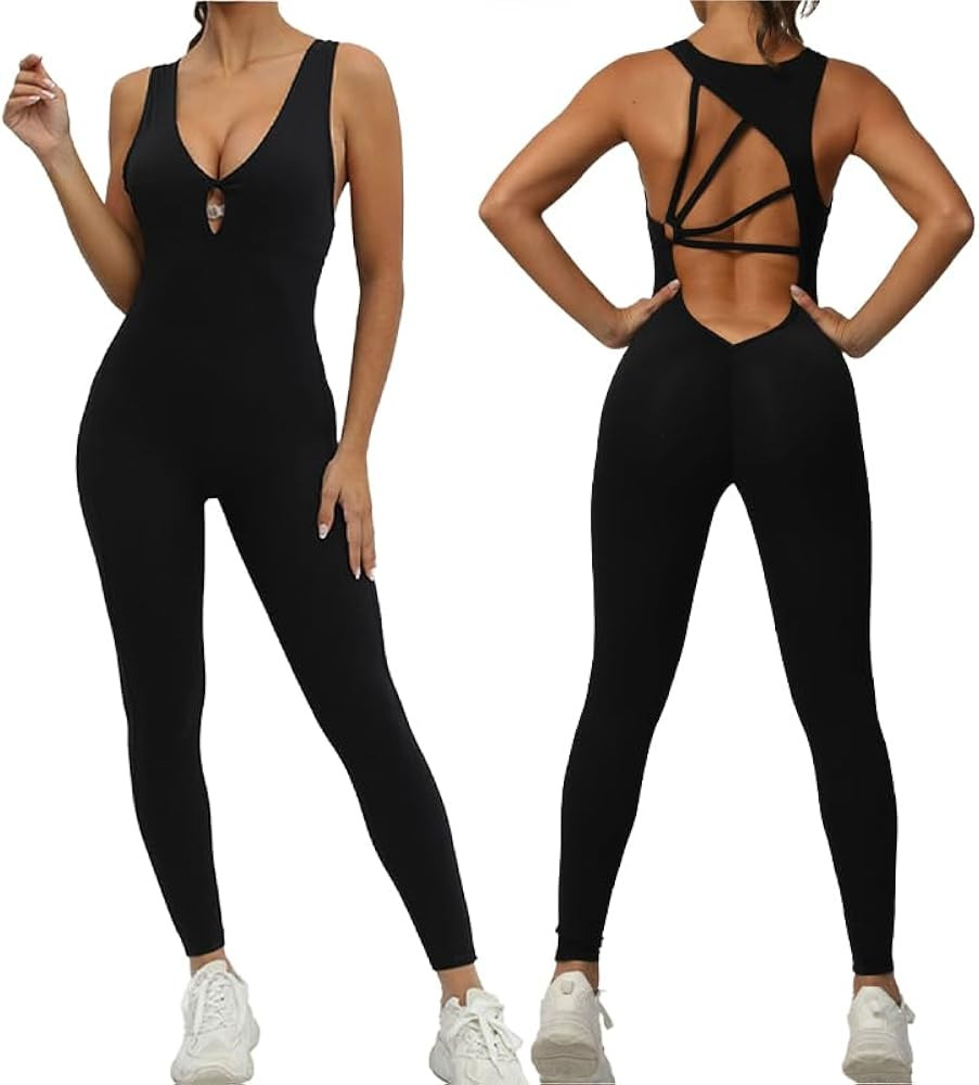 One-piece V Neck Workout Athletic Jumpsuit Women's Tummy Control Backless Yoga Bodysuit Butt Lift... | Amazon (US)