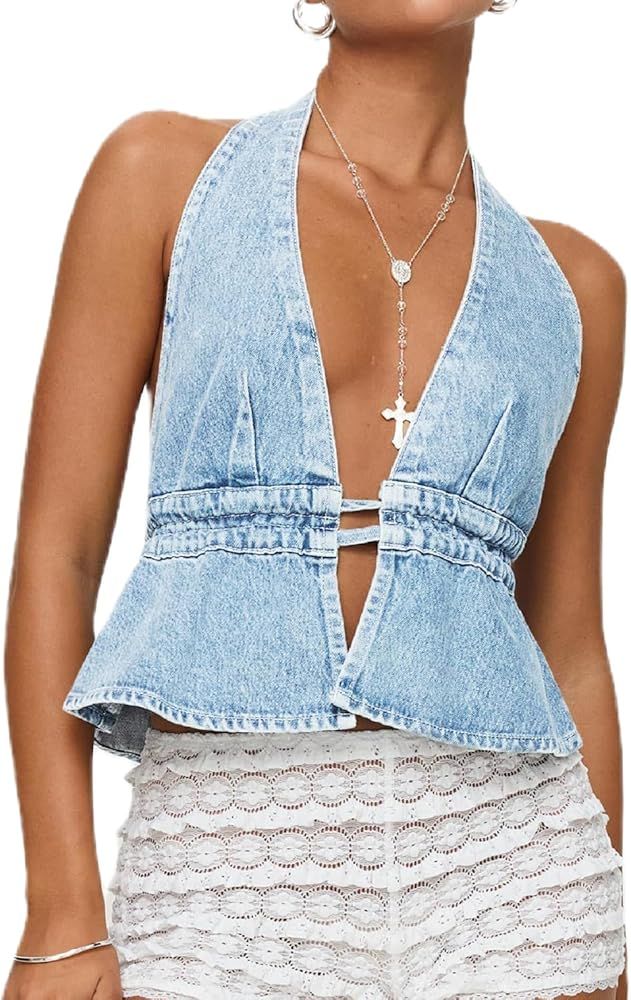 Women Sexy Deep V Neck Halter Denim Tank Top Tie Up Back Solid Color Backless Jean Vest Strapless... | Amazon (US)