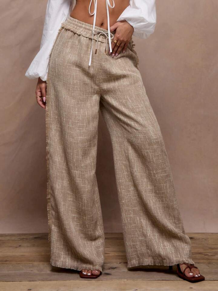 MUSERA Linen Fray Trim Wide Leg Trouser | SHEIN