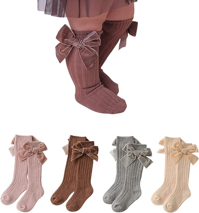 Baby Girls Knee High Socks with Bows Long Tube Ruffled Uniform Stockings Infant Toddler Ribbed Kn... | Amazon (US)