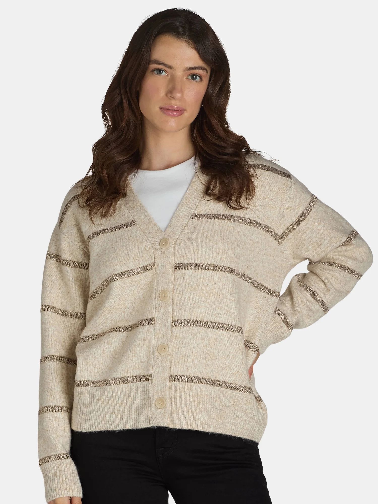 Time and Tru Women's Metallic Striped Cardigan Sweater, Midweight, Sizes XS-XXXL | Walmart (US)