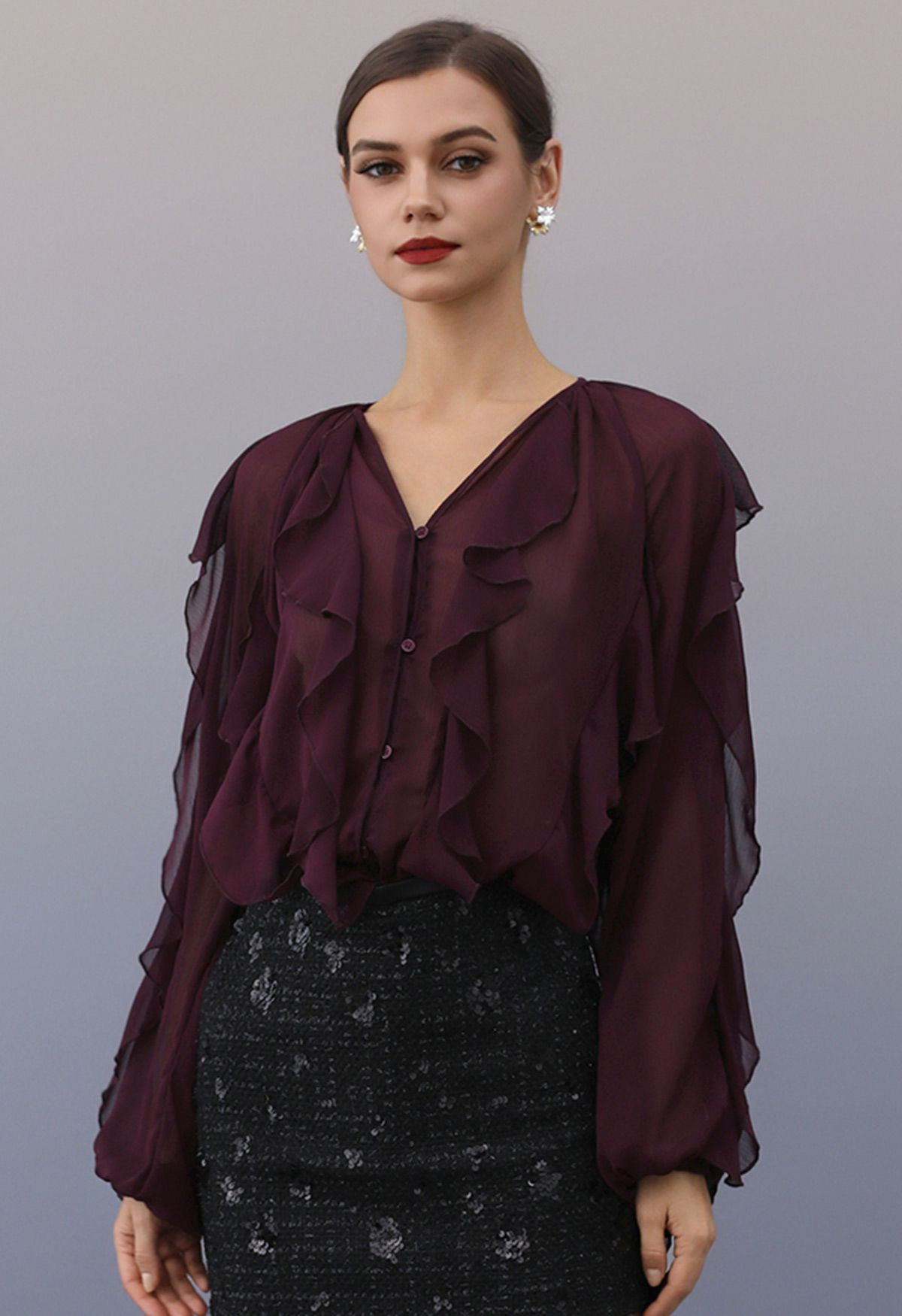 Billowy Semi-Sheer Button Ruffle Top in Plum | Chicwish