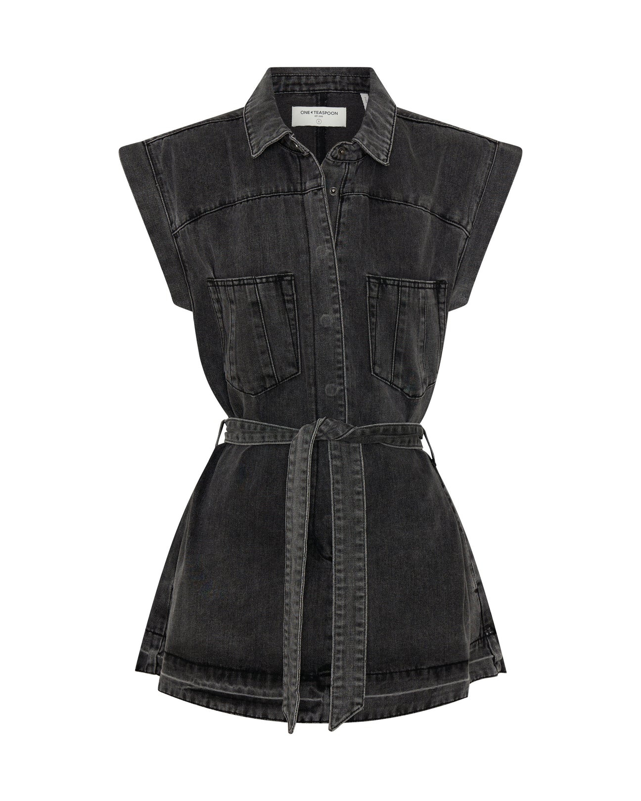 Rogue Aviator Mini Denim Dress - Washed Black | One Teaspoon | OneTeaspoon